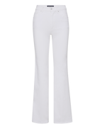 Veronica Beard Cream-colored denim flare jeans with a high waist and five pockets.