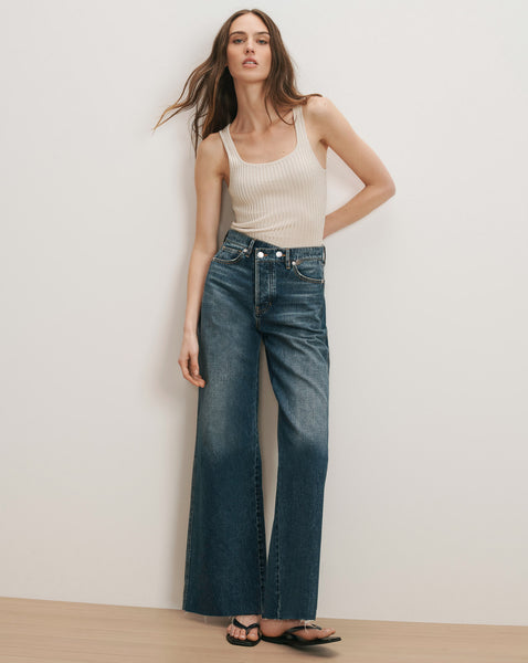 Taylor Crossover-Waistband Wide-Leg Jean in Medium Wash City