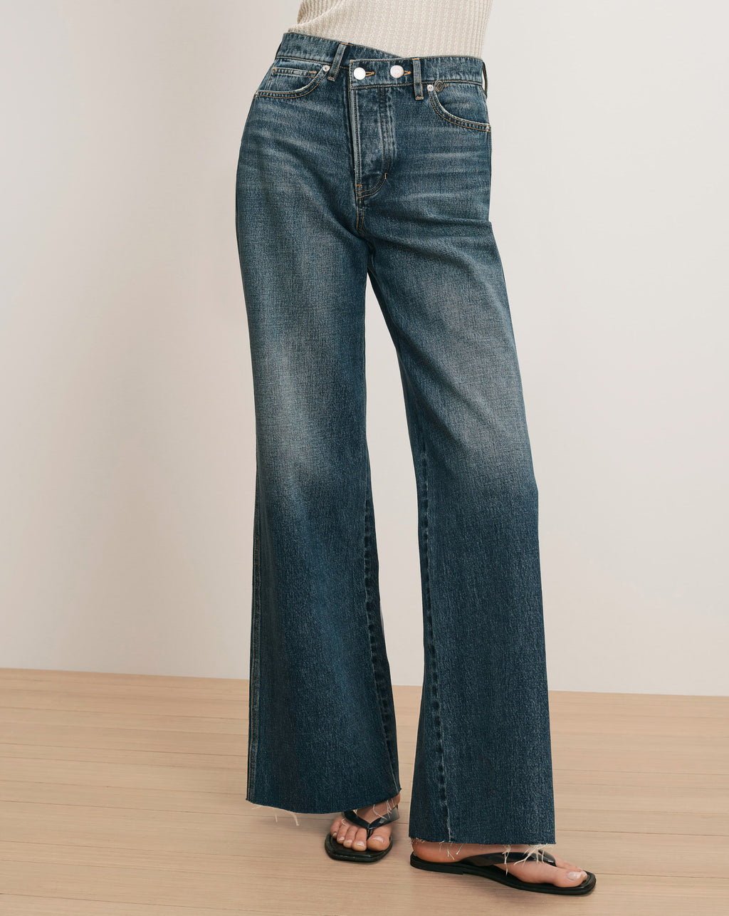 Veronica Beard Taylor Crossover-Waistband Wide-Leg Jean - City Lights