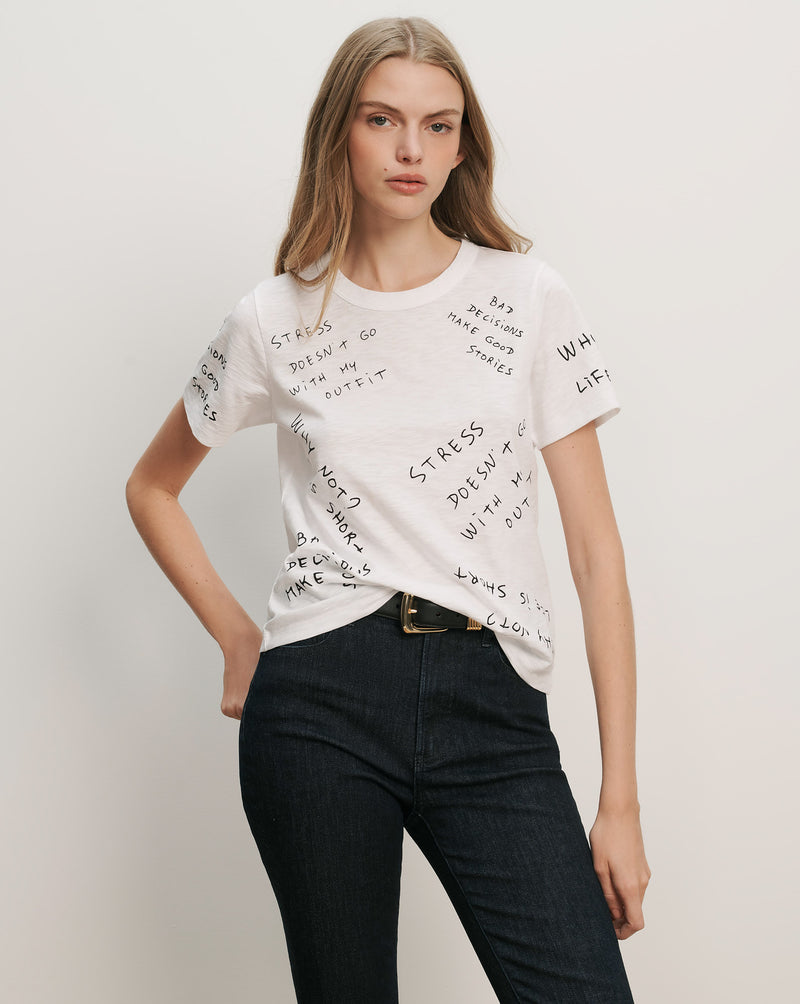 Veronica Beard White short-sleeve crewneck t-shirt with black handwritten text print.