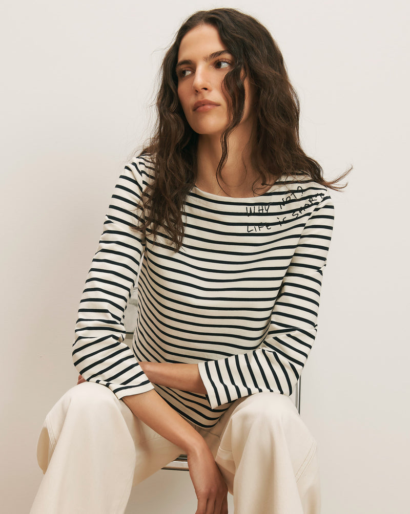 Veronica Beard Hovey Embroidered Stripe Top - Dove/Navy Stripe