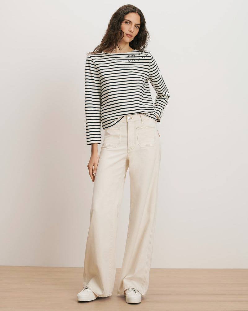 Veronica Beard Hovey Embroidered Stripe Top - Dove/Navy Stripe