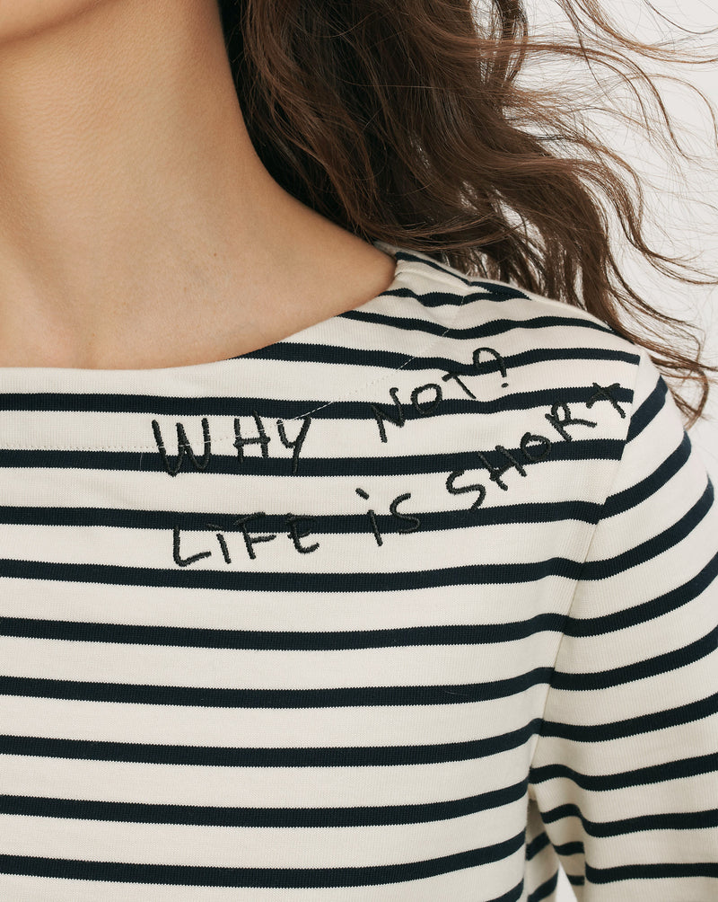 Veronica Beard Hovey Embroidered Stripe Top - Dove/Navy Stripe