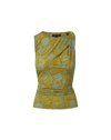 Veronica Beard Mustard yellow sleeveless top with light blue floral pattern and draped neckline.