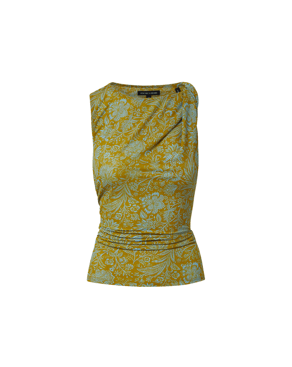 Veronica Beard Mustard yellow sleeveless top with light blue floral pattern and draped neckline.