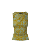 Veronica Beard Mustard yellow sleeveless top with light blue floral pattern and draped neckline.