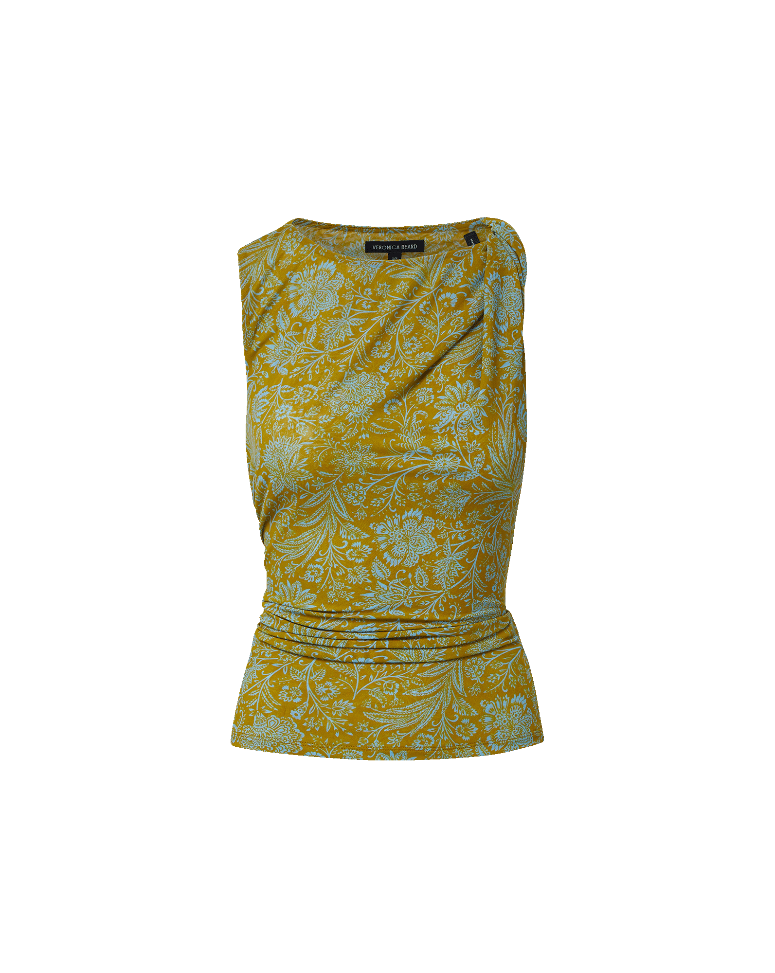 Veronica Beard Mustard yellow sleeveless top with light blue floral pattern and draped neckline.