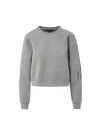 Veronica Beard Gray crewneck sweatshirt and black wide-leg jeans with white stitching.