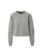 Veronica Beard Gray crewneck sweatshirt and black wide-leg jeans with white stitching.