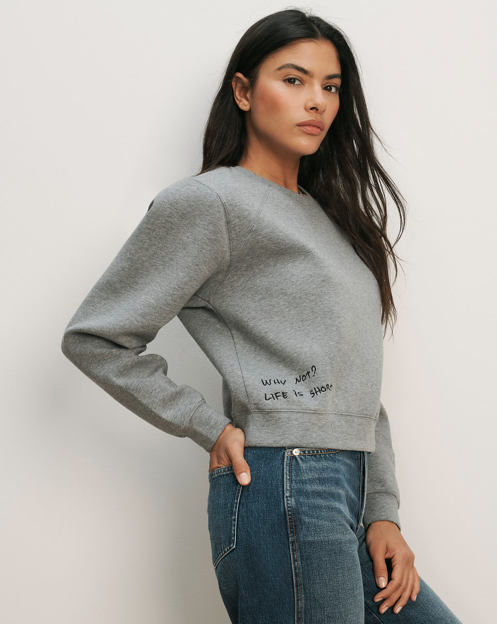 Veronica Beard Gray crewneck sweatshirt with "Why not? Life is short" embroidered on the side.