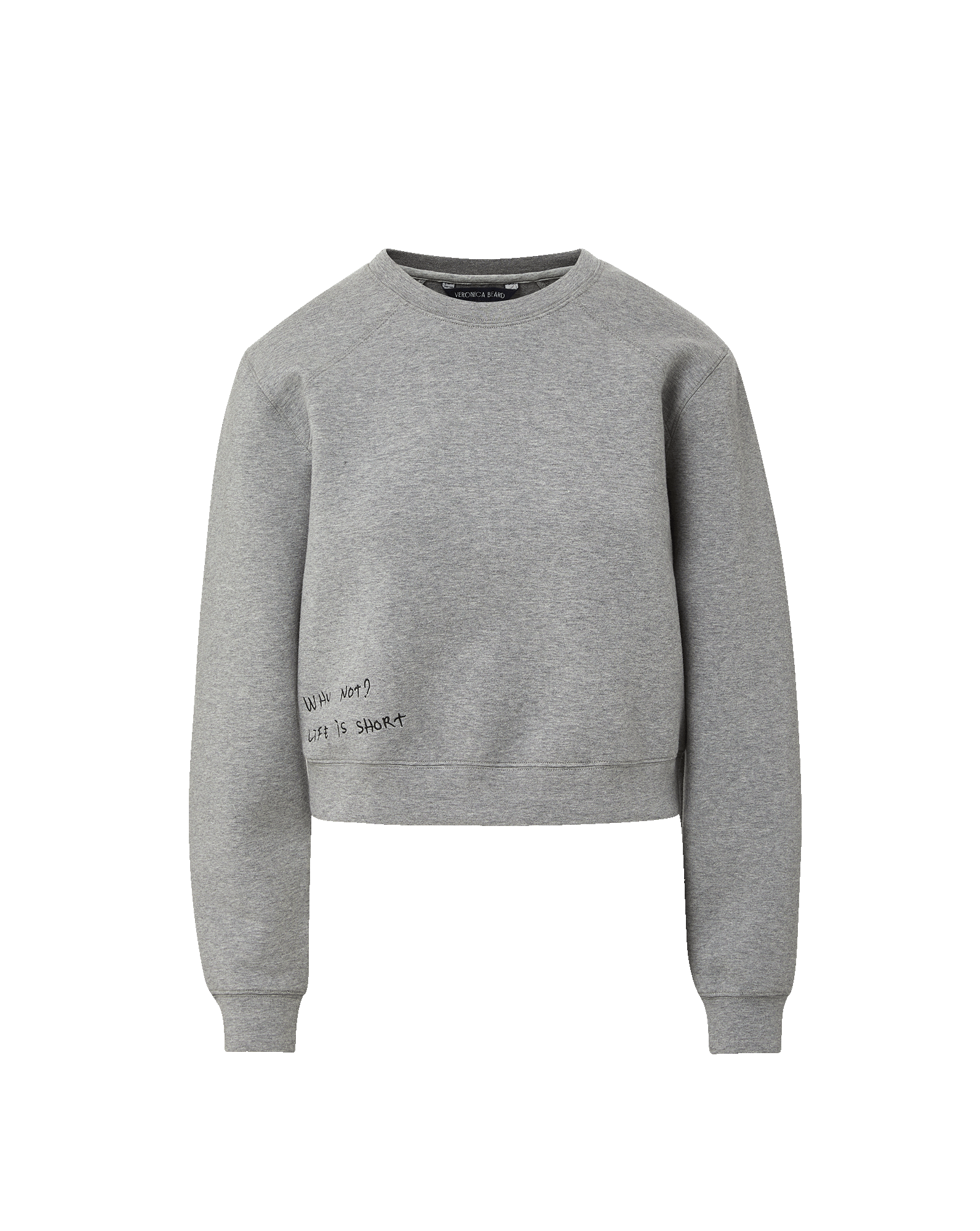 Veronica Beard Gray crewneck sweatshirt with raglan sleeves and dark wash wide-leg jeans with a raw hem.