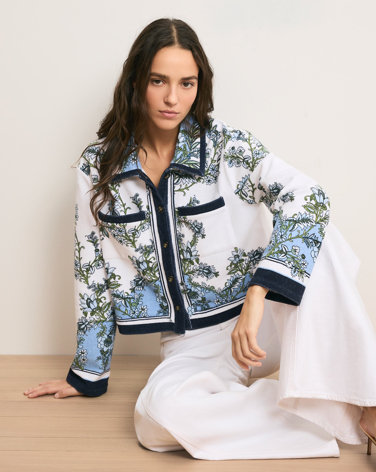 Novelle Terry Cropped Button-Down Shirt in Blue Jay Multi
