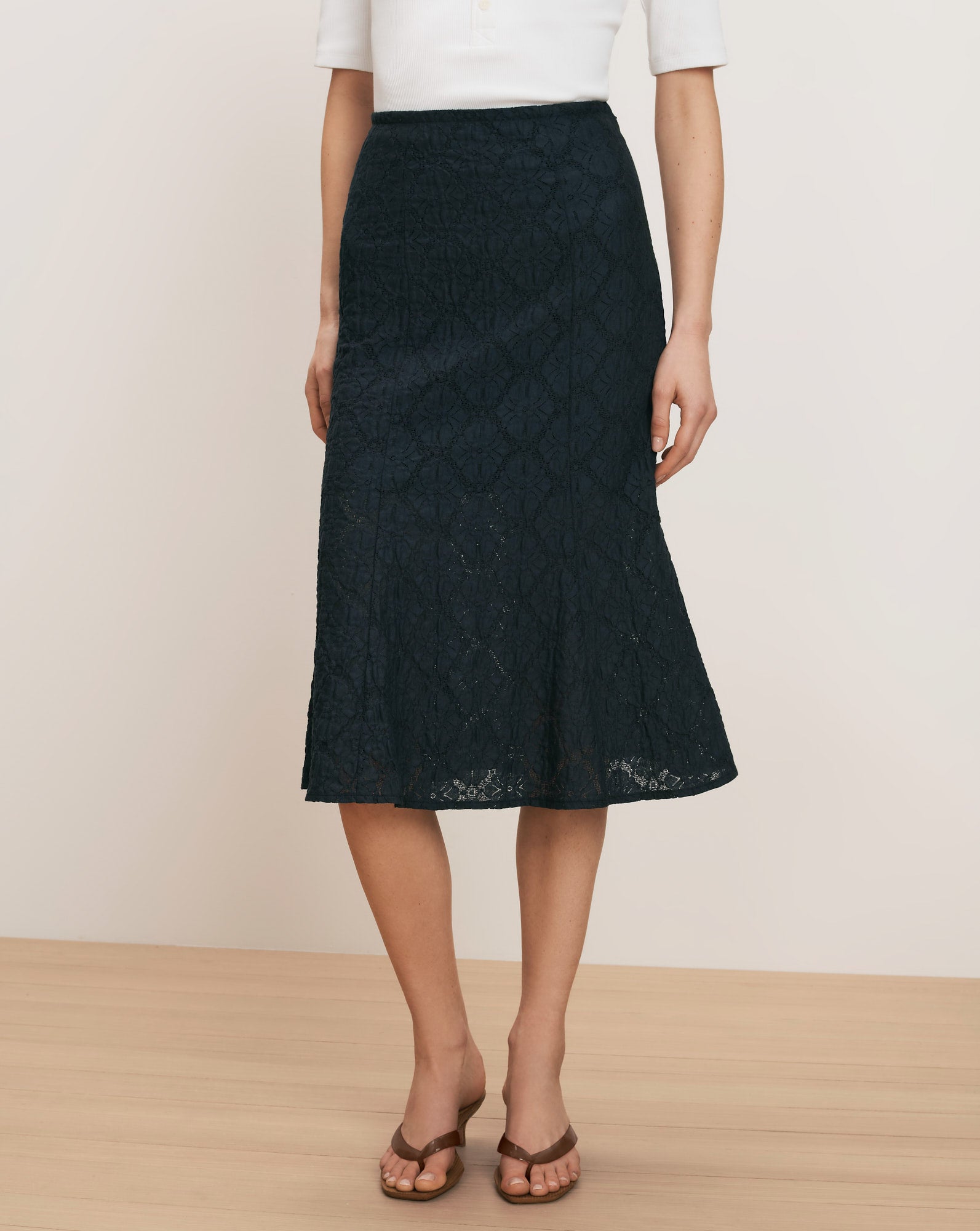 Massimo Midi Skirt in Navy Lace | Veronica Beard