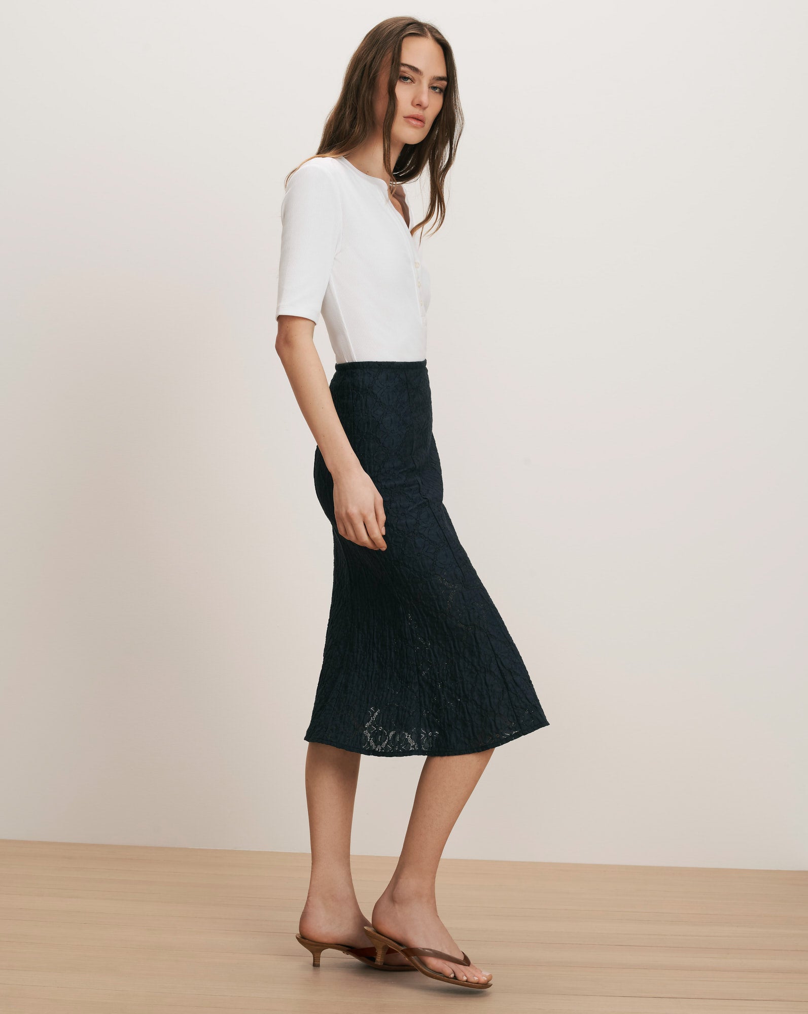 Massimo Midi Skirt in Navy Lace | Veronica Beard
