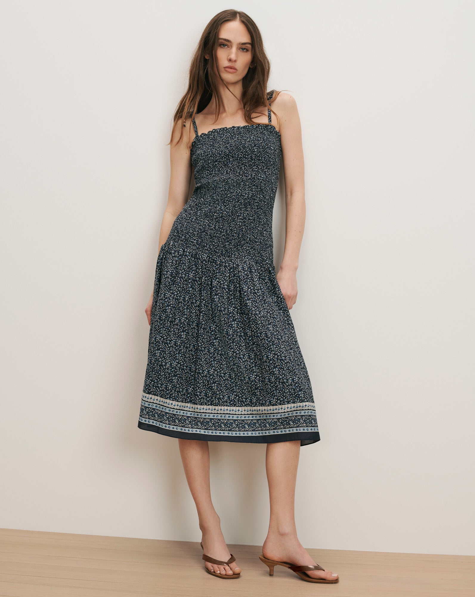 shirred midi dress Veronica Beard Marietta Smocked Midi Dress | Navy Multi