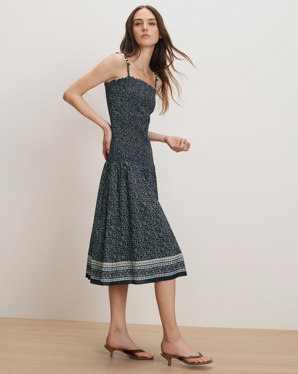 Veronica Beard Marietta Shirred Midi Dress - Navy Multi