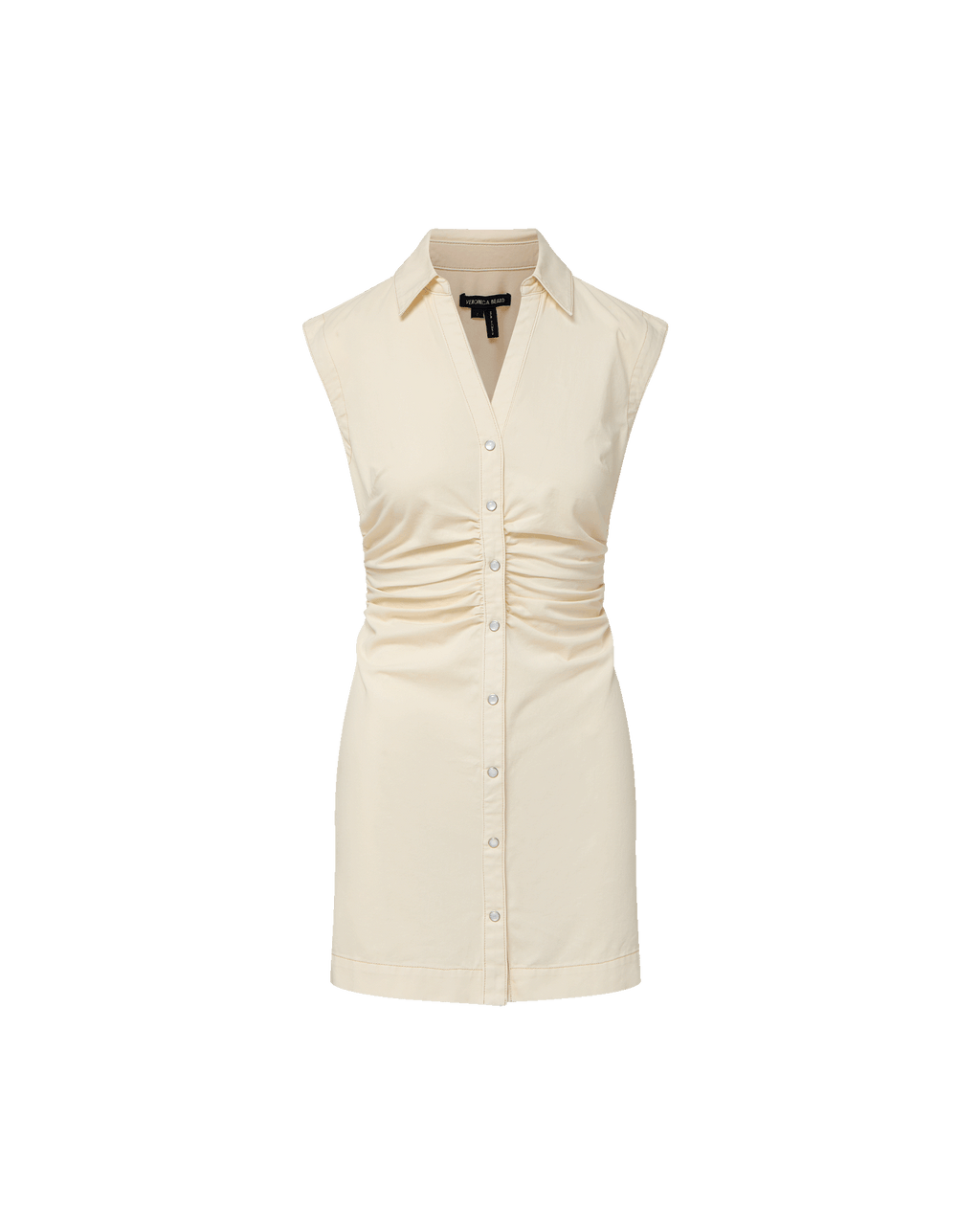 Veronica Beard Cream sleeveless mini shirt dress with a collar, V-neck, and ruched button-front.