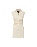 Veronica Beard Cream sleeveless mini shirt dress with a collar, V-neck, and ruched button-front.