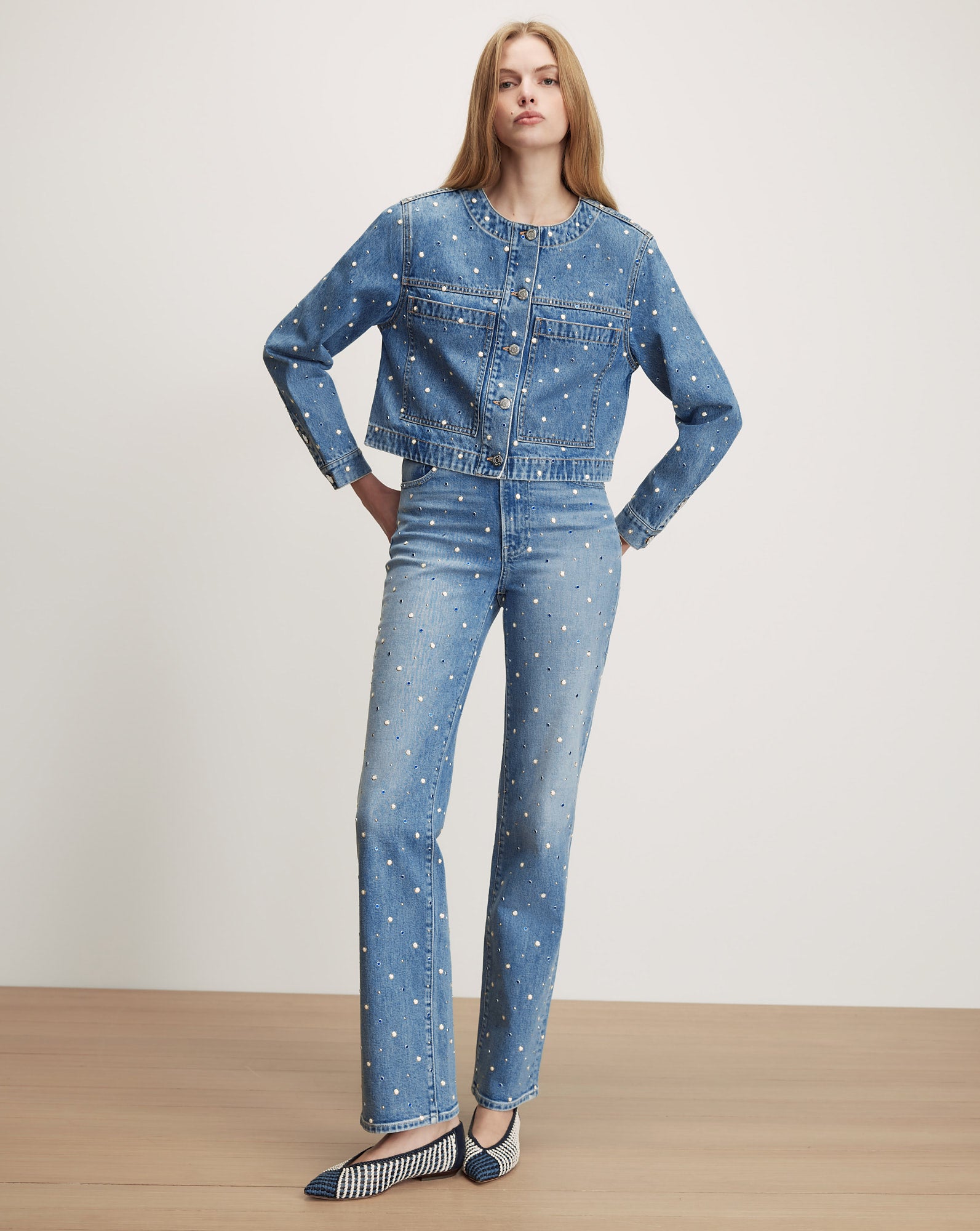 Lowry Embellished Denim Jacket in Medium Wash Amethyst Frost