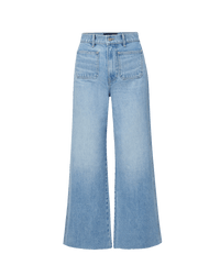 Veronica Beard Light wash denim wide-leg jeans with large front patch pockets.