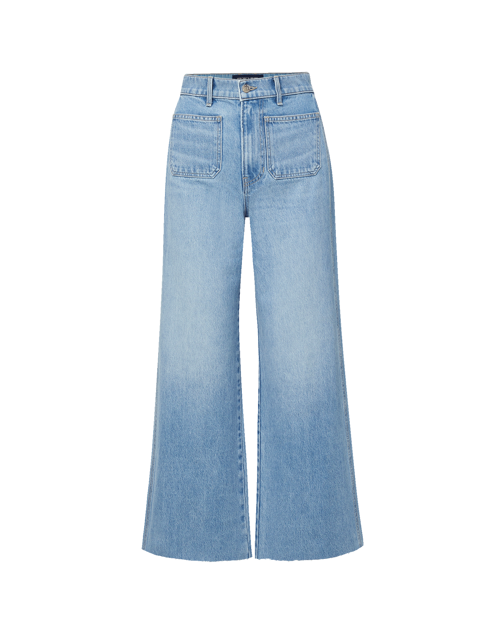 Veronica Beard Light wash denim wide-leg jeans with large front patch pockets.