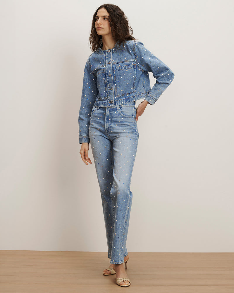 Veronica Beard Light wash denim jacket and straight-leg jeans with all-over pearl embellishments.