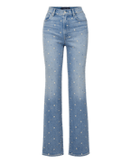 Veronica Beard Light wash denim high-waisted jeans with a straight leg and scattered pearl embellishments.