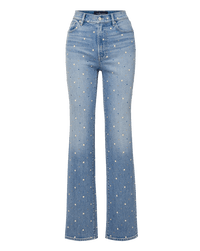 Veronica Beard Light wash denim high-waisted jeans with a straight leg and scattered pearl embellishments.