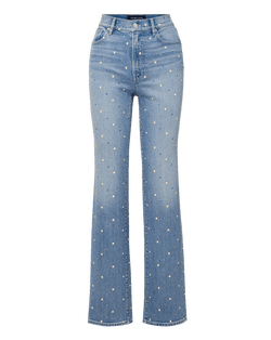 Veronica Beard Light wash denim high-waisted jeans with a straight leg and scattered pearl embellishments.