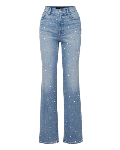 Veronica Beard Light wash denim high-waisted jeans with a straight leg and scattered pearl embellishments.