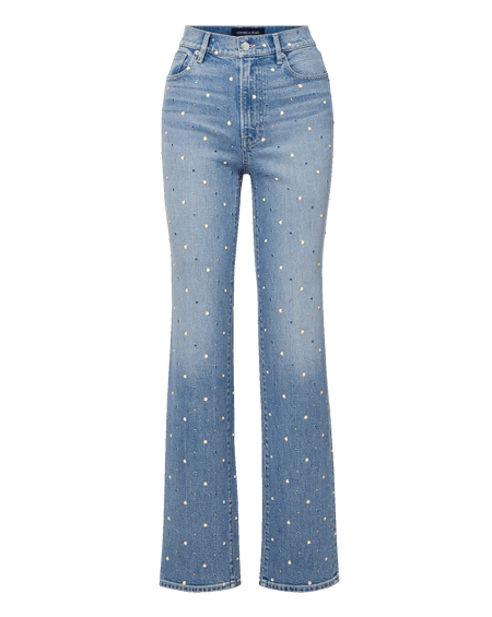 Veronica Beard Light wash straight-leg jeans with all-over pearl embellishments and a cream ribbed tank top.