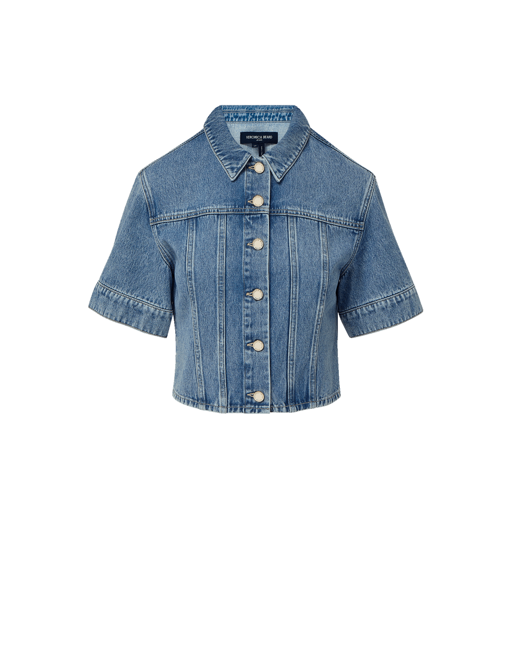 Veronica Beard Light wash denim short-sleeve button-up shirt and matching mini skirt.