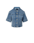 Veronica Beard Light wash denim short-sleeve button-up shirt and matching mini skirt.