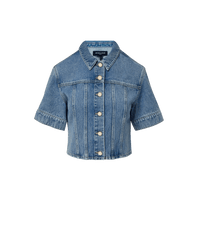 Veronica Beard Light wash denim short-sleeve button-up shirt and matching mini skirt.