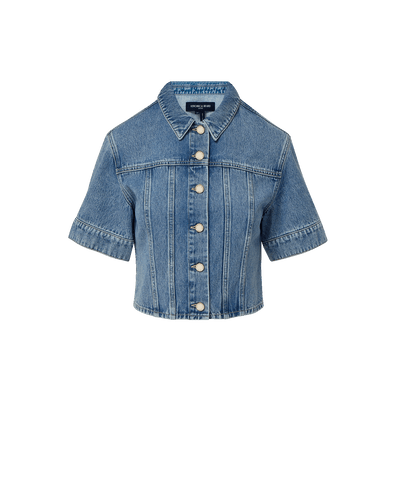 Veronica Beard Light wash denim short-sleeve button-up shirt and matching mini skirt.