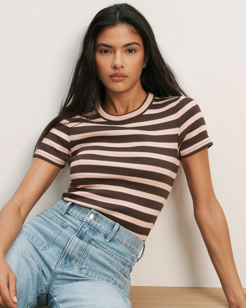 Veronica Beard Brown and pink striped short-sleeve t-shirt.