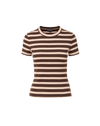 Veronica Beard Brown and pink striped knit t-shirt with light wash wide-leg jeans.