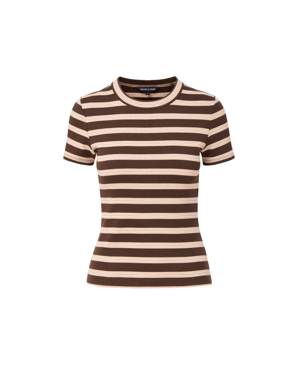 Veronica Beard Brown and pink striped knit t-shirt with light wash wide-leg jeans.
