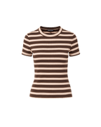 Veronica Beard Brown and pink striped knit t-shirt with light wash wide-leg jeans.