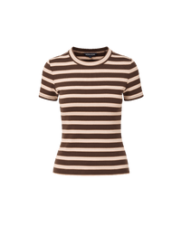 Veronica Beard Brown and pink striped knit t-shirt with light wash wide-leg jeans.