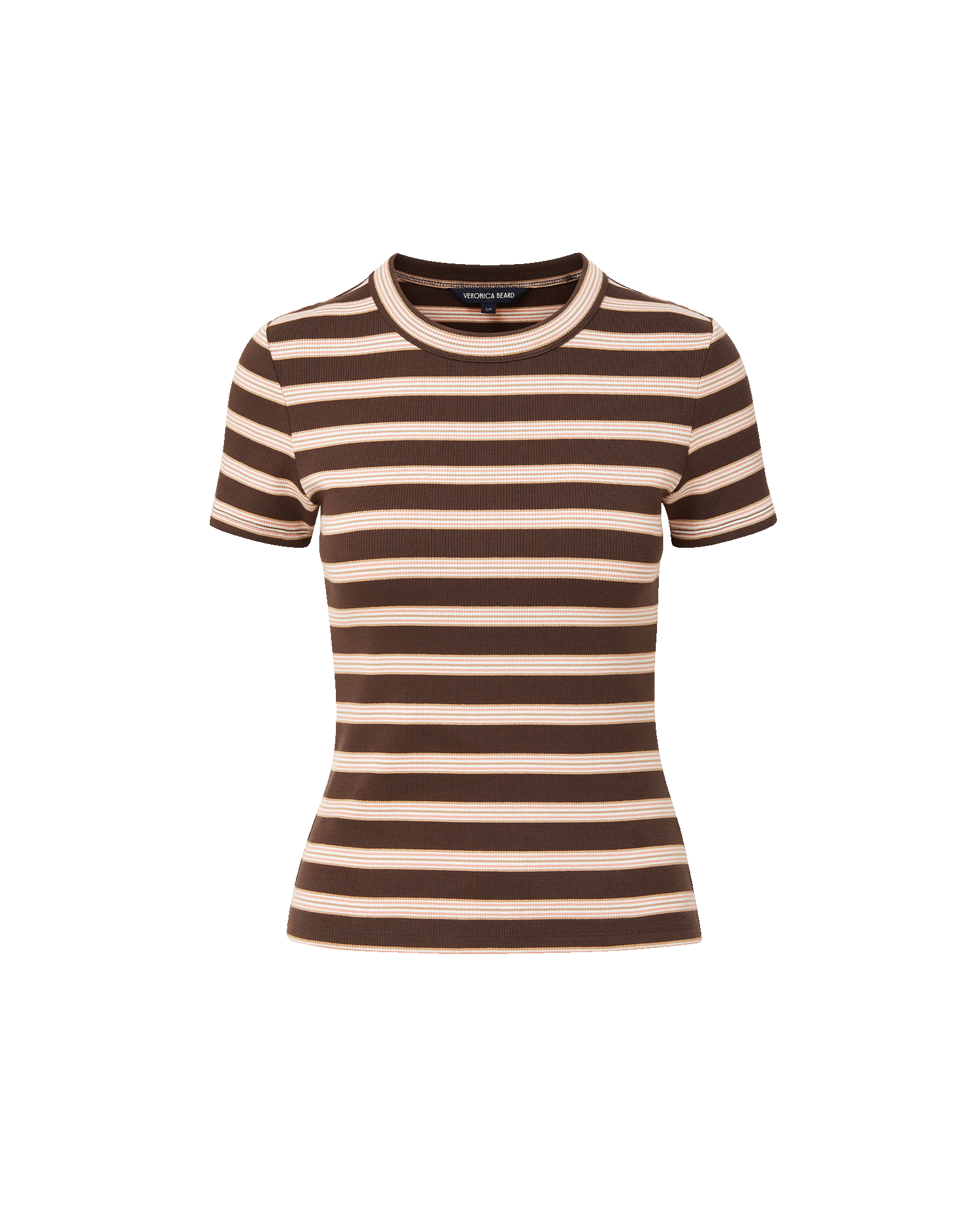 Veronica Beard Brown and pink striped knit t-shirt with light wash wide-leg jeans.