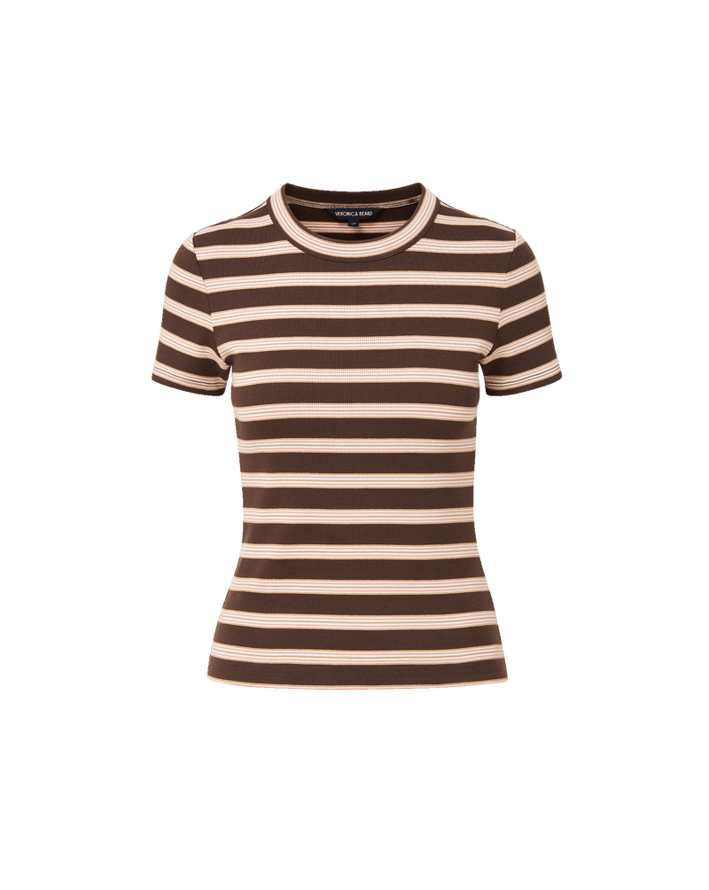 Veronica Beard Brown and pink striped knit t-shirt with light wash wide-leg jeans.