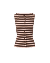 Veronica Beard Brown and pink striped sleeveless knit top with light wash flared jeans.