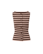 Veronica Beard Brown and pink striped sleeveless knit top with light wash flared jeans.