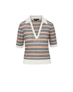 Veronica Beard Gray, peach, and white striped knit polo shirt with a white collar and a light wash denim mini skirt.