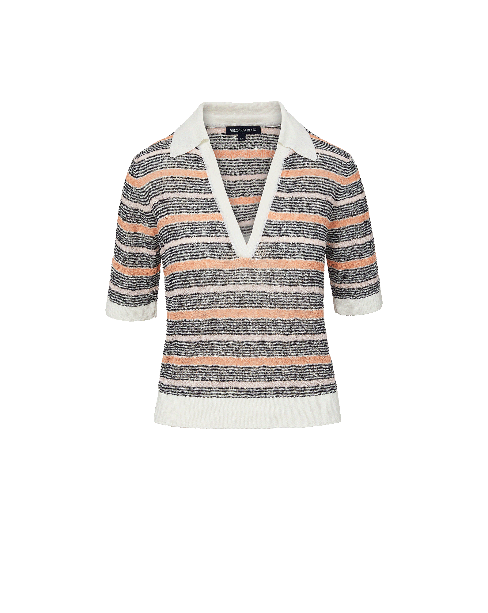 Veronica Beard Gray, peach, and white striped knit polo shirt with a white collar and a light wash denim mini skirt.