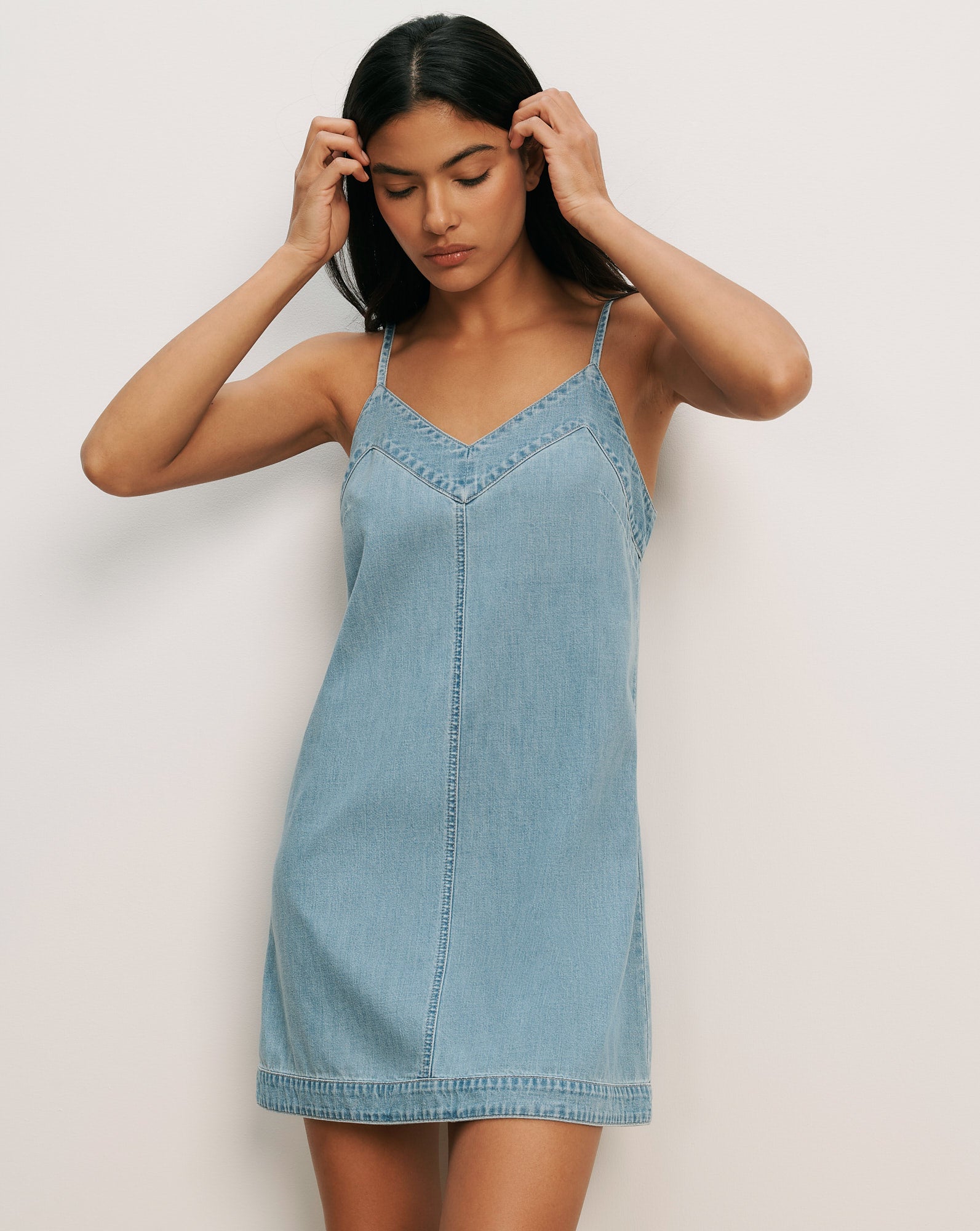 chambray mini dress Embroidered Dowling tie waist Backyard BBQ Chambray Mini Dress