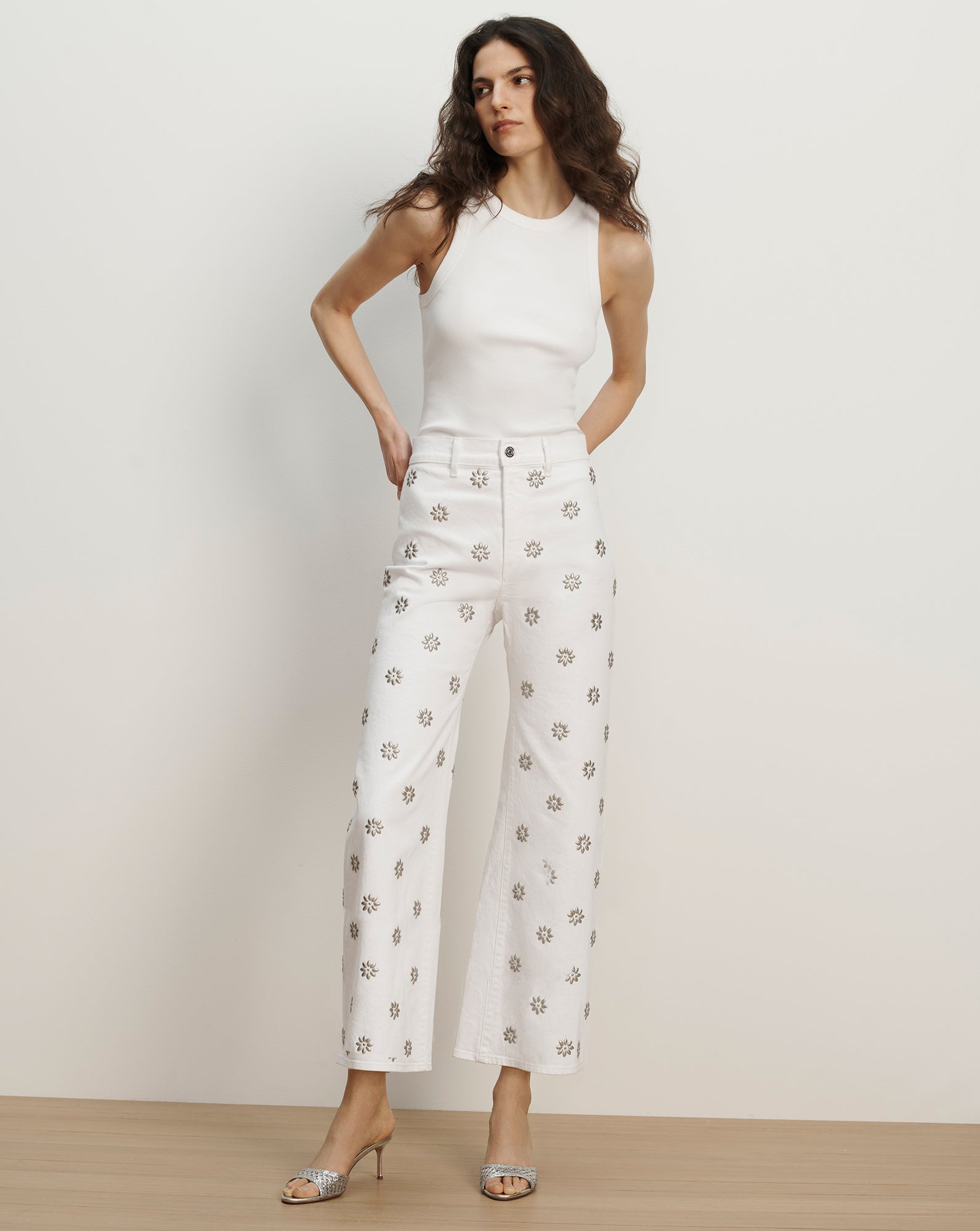Veronica Beard Grant Studded Wide-Leg Jean - White