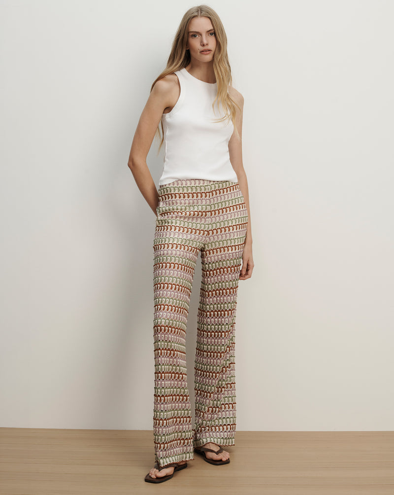 Veronica Beard Fatima Crochet Wide-Leg Pant - Deep Ochre/Dove White Multi