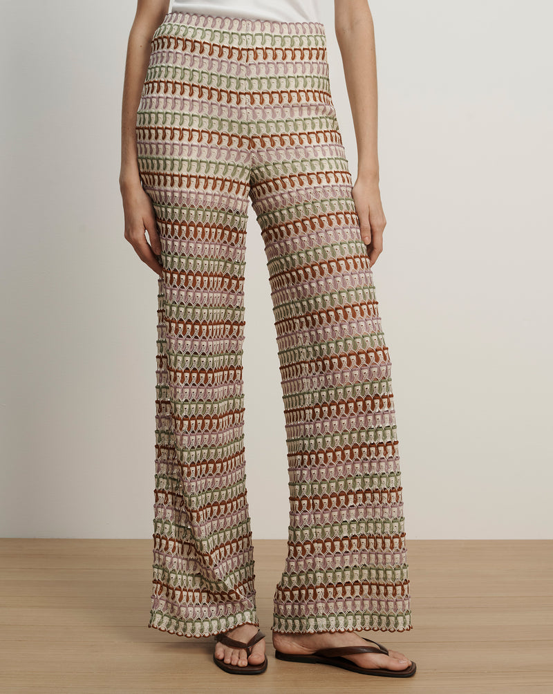 Veronica Beard Fatima Crochet Wide-Leg Pant - Deep Ochre/Dove White Multi